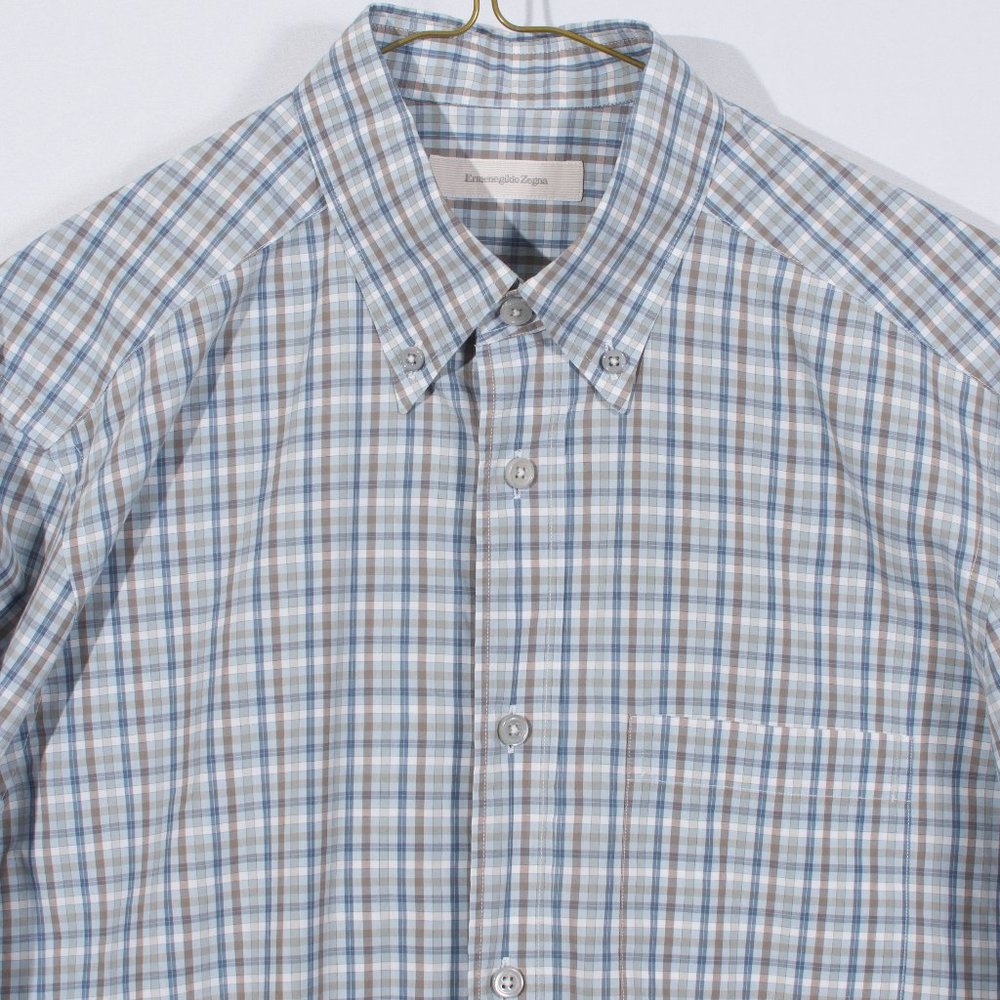 Ermenegildo Zegna Men's Casual Shirt M (15x36) Blue Gray Tartan Check Cotton